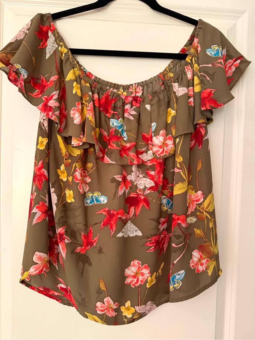 Maeve Olive Green Off-Shoulder Floral Ruffle Top